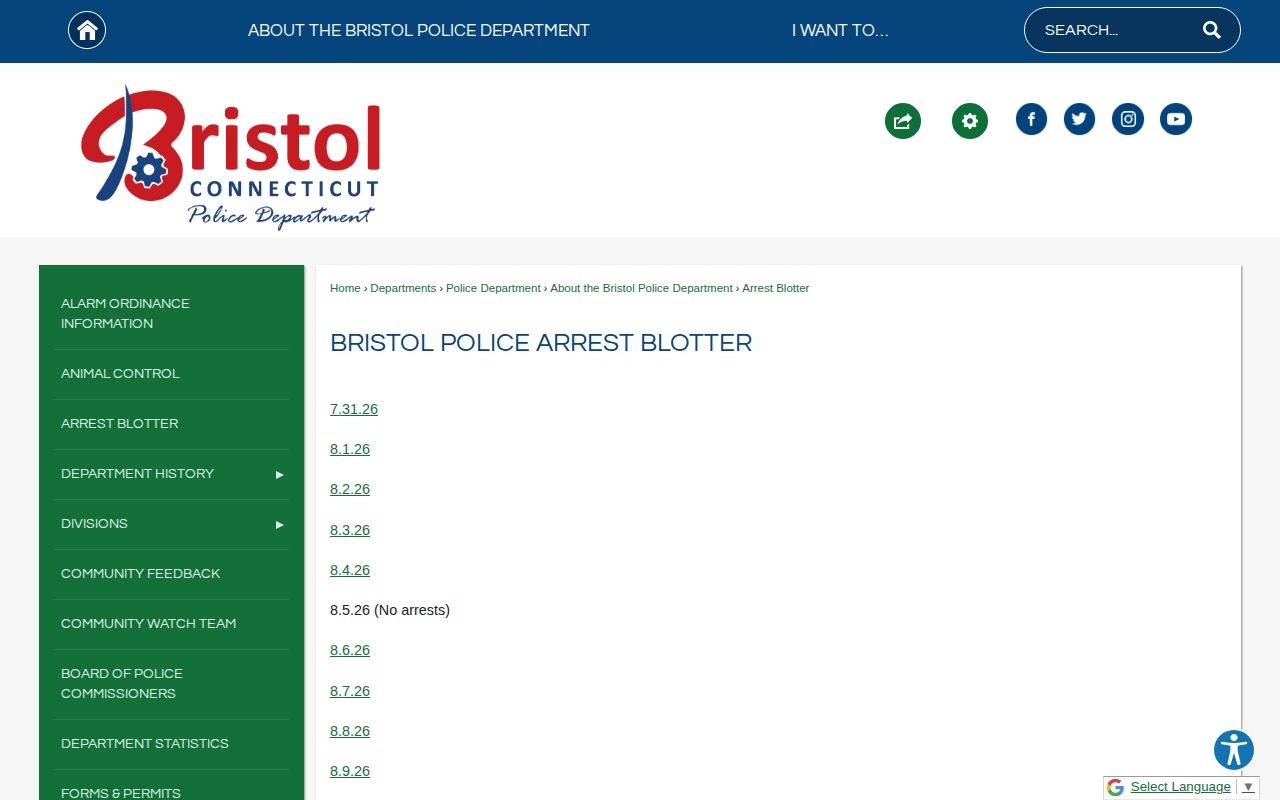 Bristol Police arrest blotter for Bristol busted arrest records