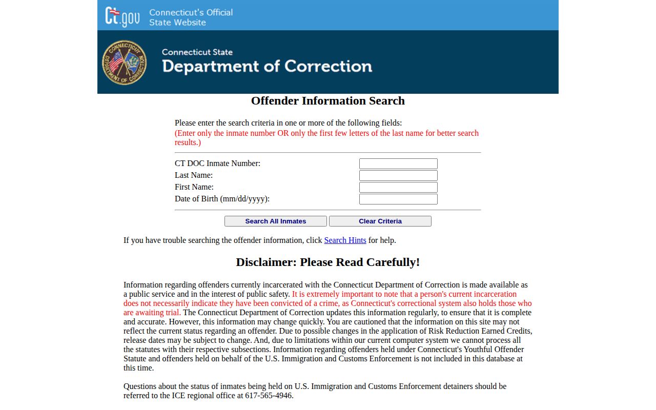 CT DOC current custody search for Bristol arrest and inmate records